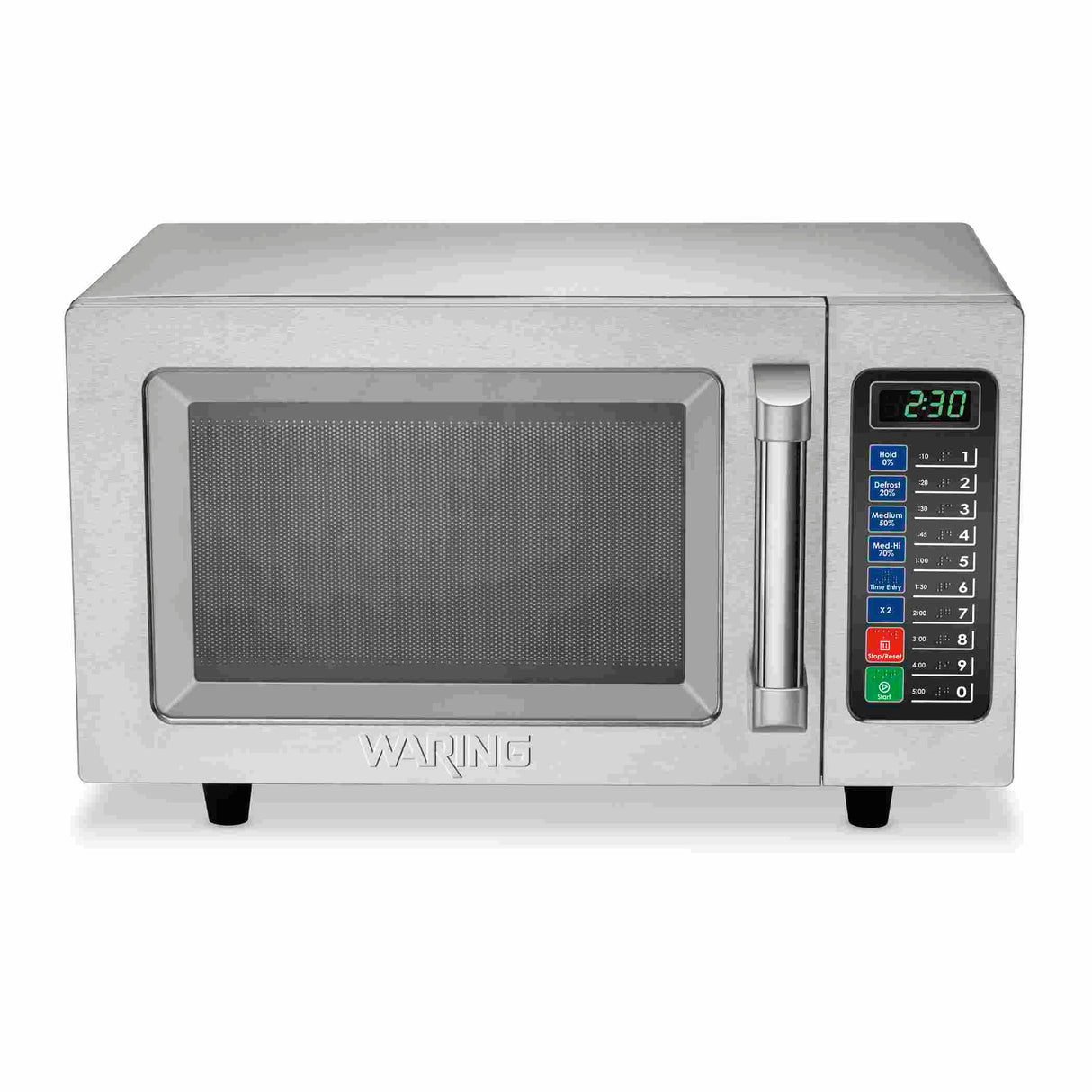 A 1000-watt stainless steel Microwave Oven with a digital keypad and display is shown. The medium duty model features numbered buttons, colored function keys, a mesh window on the door, and a vertical handle on the right side.