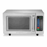 A 1000-watt stainless steel Microwave Oven with a digital keypad and display is shown. The medium duty model features numbered buttons, colored function keys, a mesh window on the door, and a vertical handle on the right side.