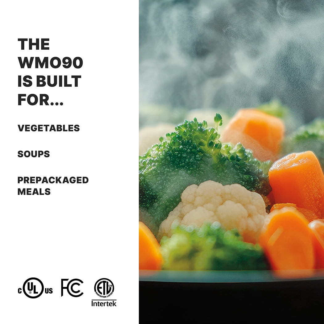 A close-up of steamed vegetables—broccoli, cauliflower, and carrots—with steam rising. On the left, text reads: “The WMO90 1000 watt Medium Duty Microwave Oven is built for… Vegetables, Soups, Prepackaged Meals.” Certification logos appear at the bottom.