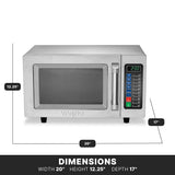 A Waring medium duty Microwave Oven in stainless steel with digital keypad and handle, shown with labeled dimensions: 20 wide, 12.25 high, and 17 deep. The 1000 watts digital display reads 2:30. Set against a plain white background.