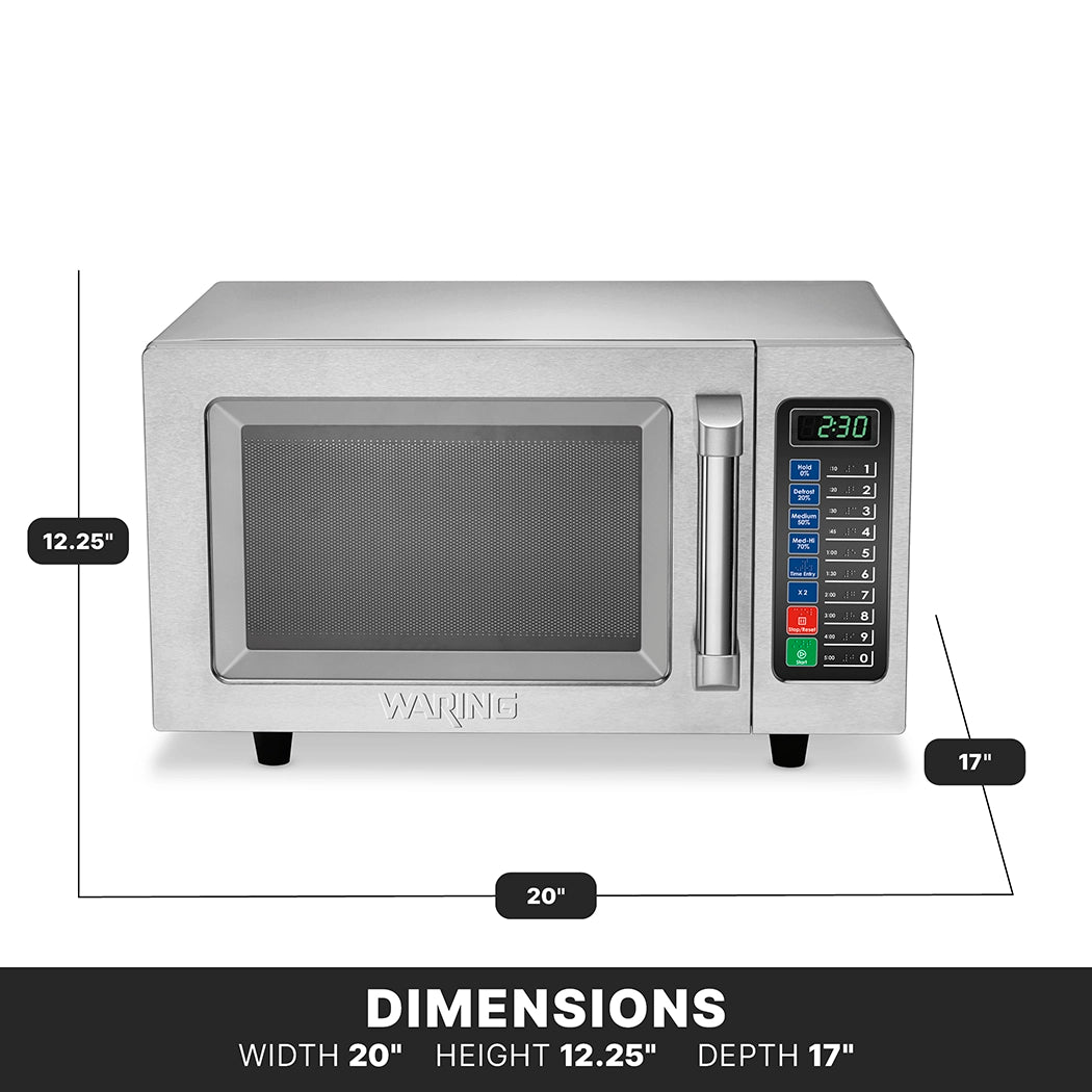 A medium duty stainless steel Microwave Oven with a digital display, keypad, and handle. Dimensions: 20" wide, 12.25" high, and 17" deep. Operating at 1000 watts, it stands on short black feet, with the display reading 2:30.