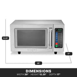 A medium duty stainless steel Microwave Oven with a digital display, keypad, and handle. Dimensions: 20" wide, 12.25" high, and 17" deep. Operating at 1000 watts, it stands on short black feet, with the display reading 2:30.