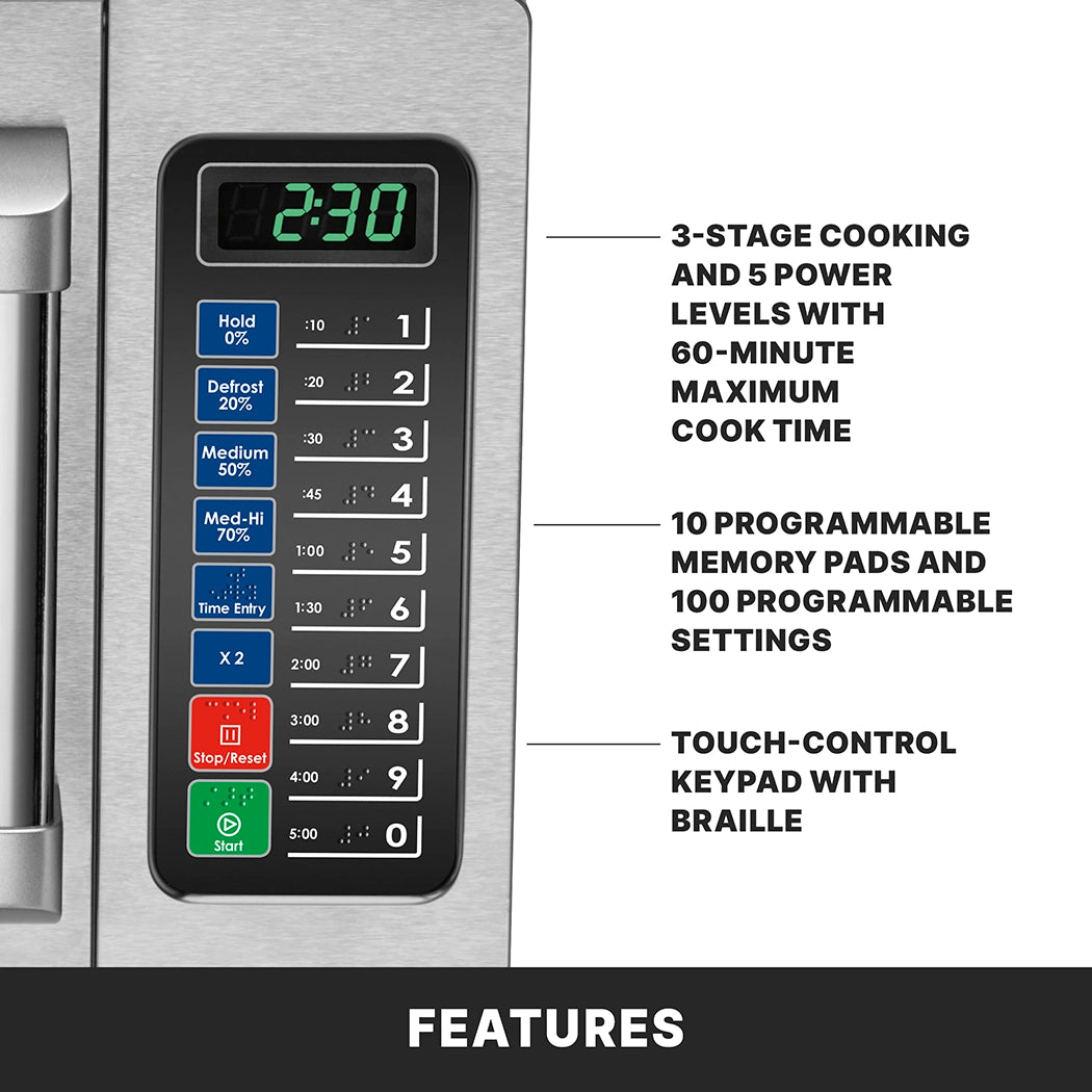 A close-up of a medium duty Microwave Oven’s control panel shows a digital clock at 2:30, power level buttons, 0-9 keypad with braille, and touch controls. Text highlights 3-stage cooking, 10 memory pads, accessibility features, and 1000 watts power.