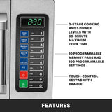 A close-up of a medium duty Microwave Oven’s control panel shows a digital clock at 2:30, power level buttons, 0-9 keypad with braille, and touch controls. Text highlights 3-stage cooking, 10 memory pads, accessibility features, and 1000 watts power.