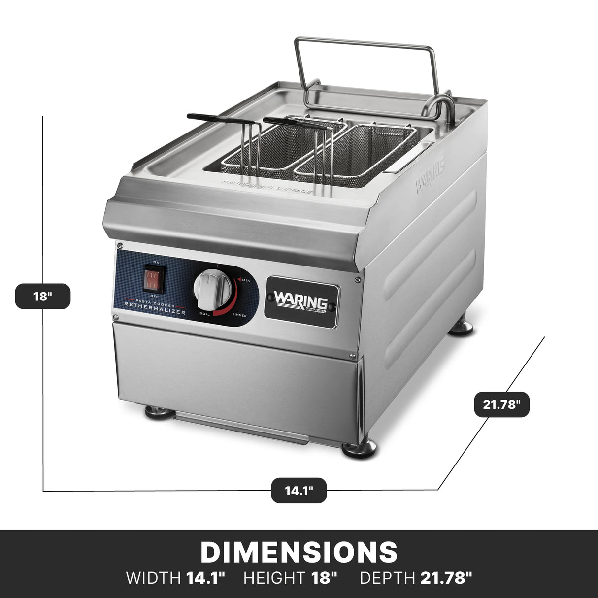 A stainless steel countertop Pasta Cooker Rethermalizer with two wire baskets, control knob, and on/off switch. The unit, labeled “Waring WPC100K,” sits on short black feet. Dimensions: 14.1" wide, 18" high, 21.78" deep; white background with labels.