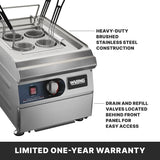 Commercial electric pasta cooker made of brushed stainless steel. Features four round baskets, digital temperature display, labeled controls, and drain/refill valves behind the front panel. Highlights quality construction and a one-year warranty.