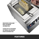 A hand lowers a basket of pasta into a stainless steel electric pasta cooker. Text reads: “Reaches a rolling boil in under 20 minutes. Cook up to 4 pounds of fresh or frozen pasta in minutes.” The word “FEATURES” appears at the bottom.