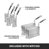 Image shows four small round baskets and two larger rectangular baskets, included with the Waring WPC100K electric pasta cooker. Text at bottom reads “INCLUDED WITH WPC100” on a black background—perfect accessories for your Pasta Cooker Rethermalizer.