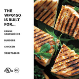 Grilled panini sandwiches with visible grill marks from ribbed cast iron plates are cut into triangles and arranged on a dark surface with fresh arugula. On the left, text reads: THE WPG150 PANINI GRILL IS BUILT FOR... PANINI SANDWICHES, BURGERS, CHICKEN, VEGETABLES.