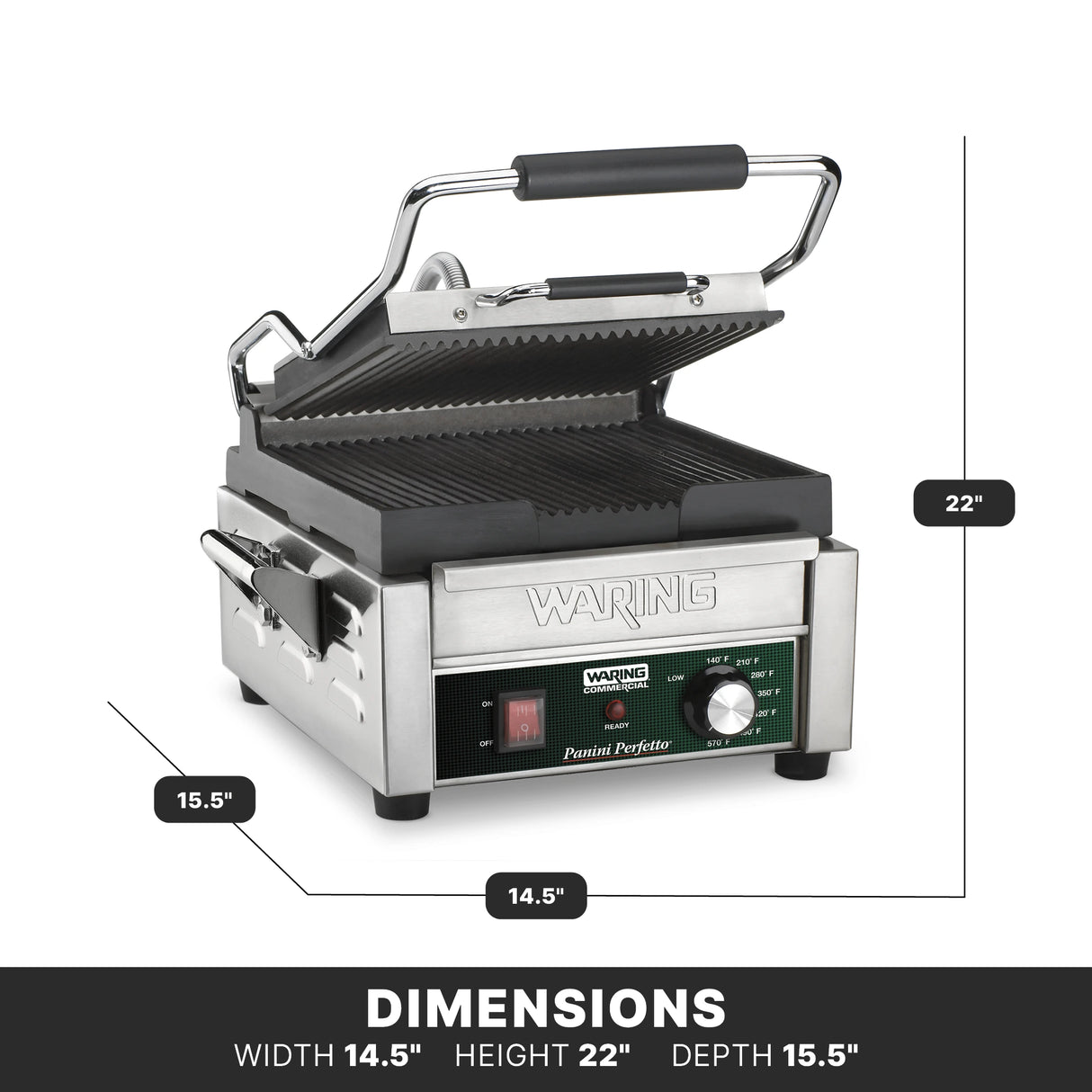 A silver Waring panini grill with a black handle sits on a white background. The lid is open, revealing ribbed cast iron plates. Dimensions are labeled: width 14.5, height 22, depth 15.5. The control panel has a dial and indicator lights.