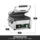 A silver Waring panini grill with a black handle sits on a white background. The lid is open, revealing ribbed cast iron plates. Dimensions are labeled: width 14.5, height 22, depth 15.5. The control panel has a dial and indicator lights.