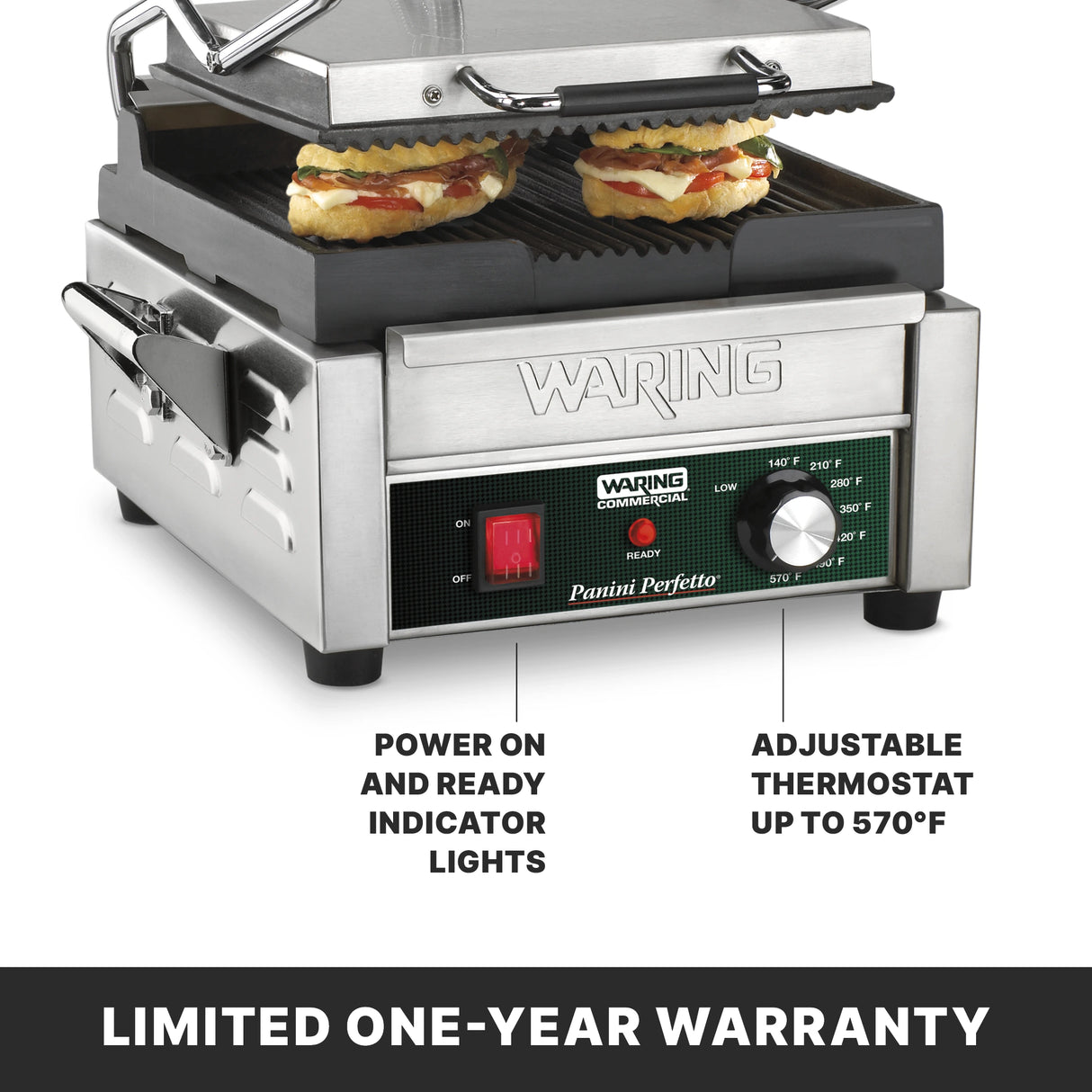 A compact panini grill with ribbed cast iron plates grills two sandwiches. The stainless steel Waring commercial panini press features a red power switch, indicator lights, and a thermostat dial up to 570°F. “Limited One-Year Warranty” is noted below.