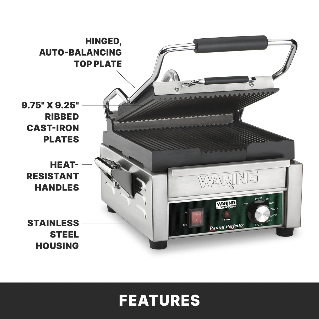 A stainless steel compact panini grill with a hinged, auto-balancing top plate, ribbed cast iron plates (9.75 x 9.25), heat-resistant handles, and front control knobs. Labels highlight these features. The word FEATURES is at the bottom.