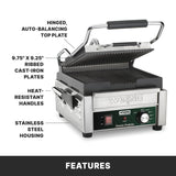 A compact panini grill is shown with labels highlighting its features: hinged auto-balancing top plate, 9.75” x 9.25” ribbed cast iron plates, heat-resistant handles, and stainless steel housing. The word FEATURES appears at the bottom.
