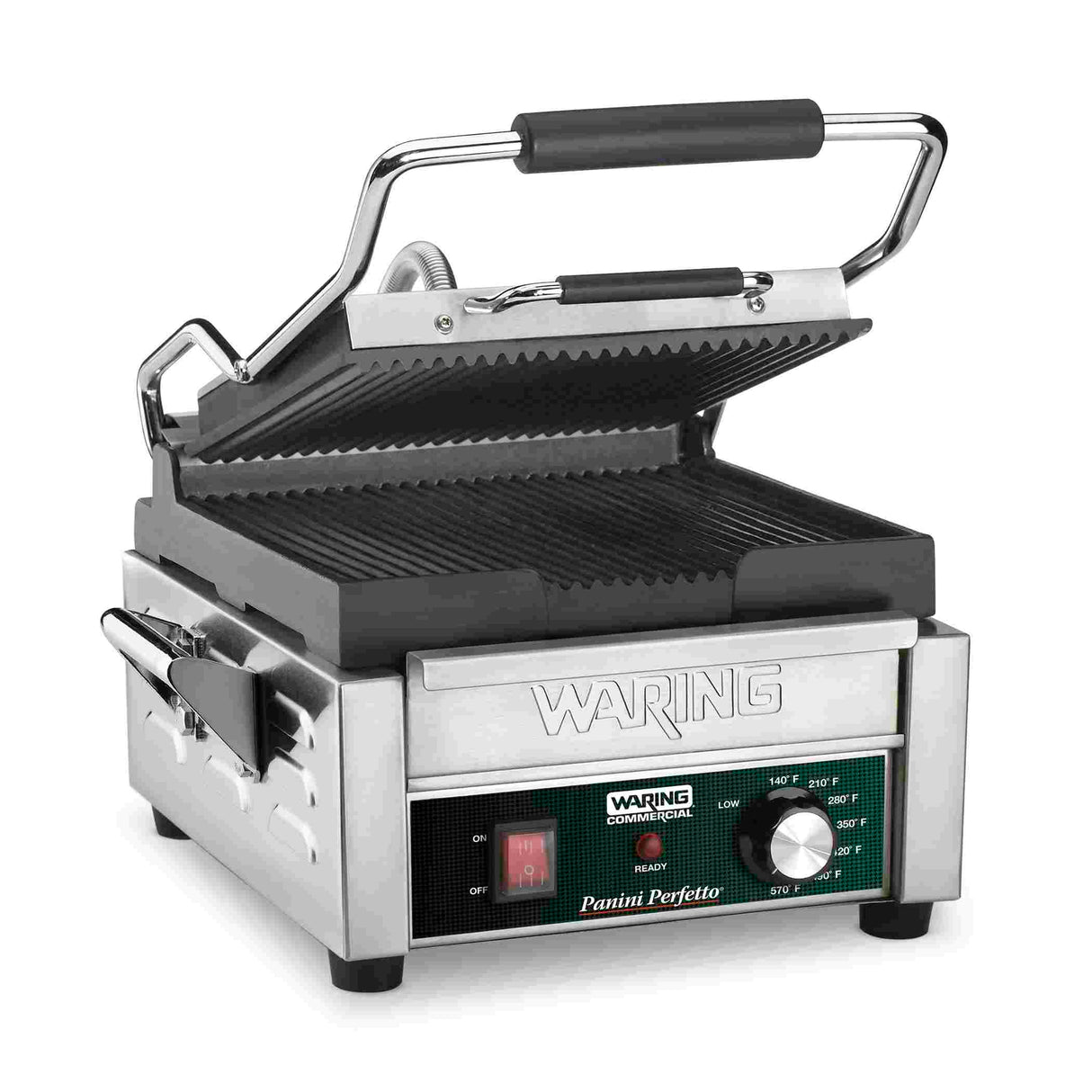 A compact Panini grill, this stainless steel Waring press features ridged cast iron plates, a black handle, control knob, switch, and front indicator lights labeled “Panini Perfetto.” The top lid is open to reveal the grill surface inside.