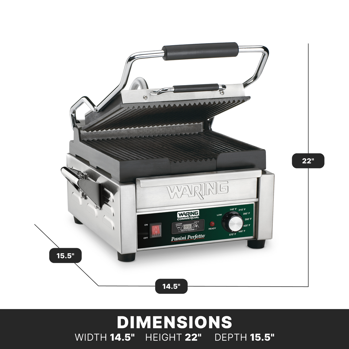 A stainless steel compact panini grill sits with its lid open, showing ribbed cast iron plates. The labeled dimensions are 14.5 wide, 22 high, and 15.5 deep. The front panel has a knob, switch, and green indicator light.