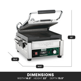 A stainless steel compact panini grill sits with its lid open, showing ribbed cast iron plates. The labeled dimensions are 14.5 wide, 22 high, and 15.5 deep. The front panel has a knob, switch, and green indicator light.