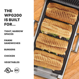 Four rectangular panini sandwiches are grilling on a commercial Panini grill with ribbed cast iron plates. The left side lists features, noting the WPG200 is built for tight spaces. Adjustable thermostat, UL and NSF certification logos are also shown.