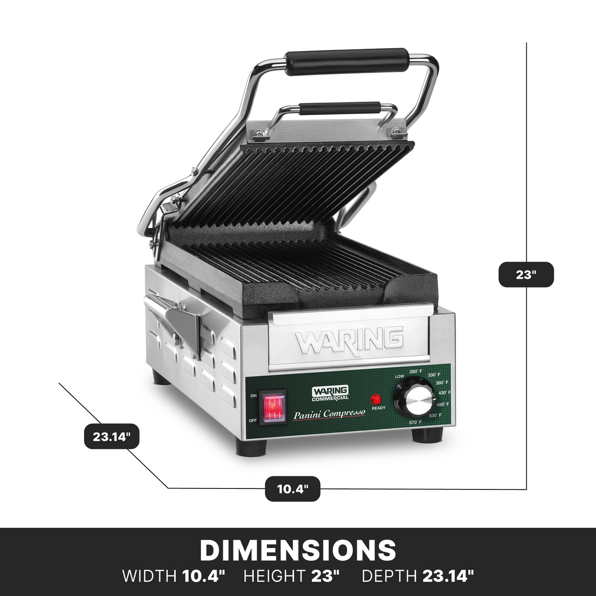 A stainless steel Waring Panini grill with ribbed cast iron plates and an open, ridged lid. Dimensions: width 10.4, height 23, depth 23.14. The front control panel features a switch, adjustable thermostat knob, and indicator lights.
