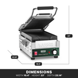 A stainless steel Waring Panini grill with ribbed cast iron plates and an open, ridged lid. Dimensions: width 10.4, height 23, depth 23.14. The front control panel features a switch, adjustable thermostat knob, and indicator lights.