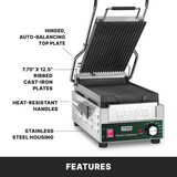 A stainless steel Waring panini grill with ribbed cast iron plates, hinged auto-balancing top, heat-resistant handles, and an adjustable thermostat. Features include 7.75x12.5 plates, hinged top, and durable stainless housing.