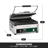 A stainless steel Panini grill with ribbed cast iron plates is shown with its lid open. Dimensions are marked: width 21.7, height 23, depth 20.7. The green control panel features an adjustable thermostat and is labeled Panini Supremo. Black background highlights the dimensions.