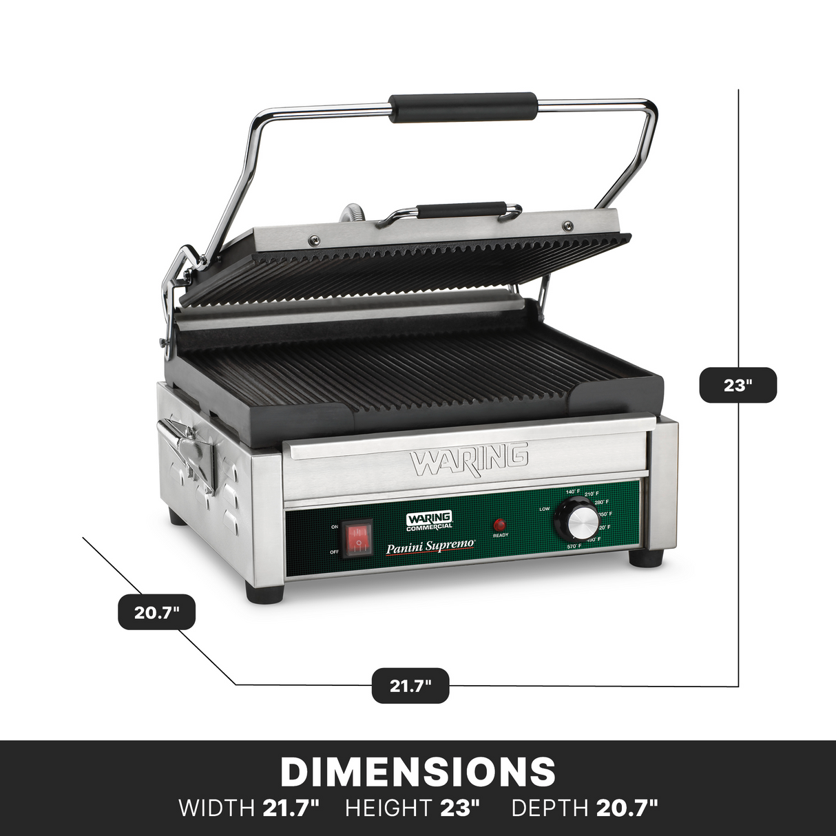 A large stainless steel electric panini grill, the Waring Panini Supremo press sits open to show its ridged grill plates. Dimensions—width 21.7, height 23, depth 20.7—are marked below. Features include a green control panel and black handle.