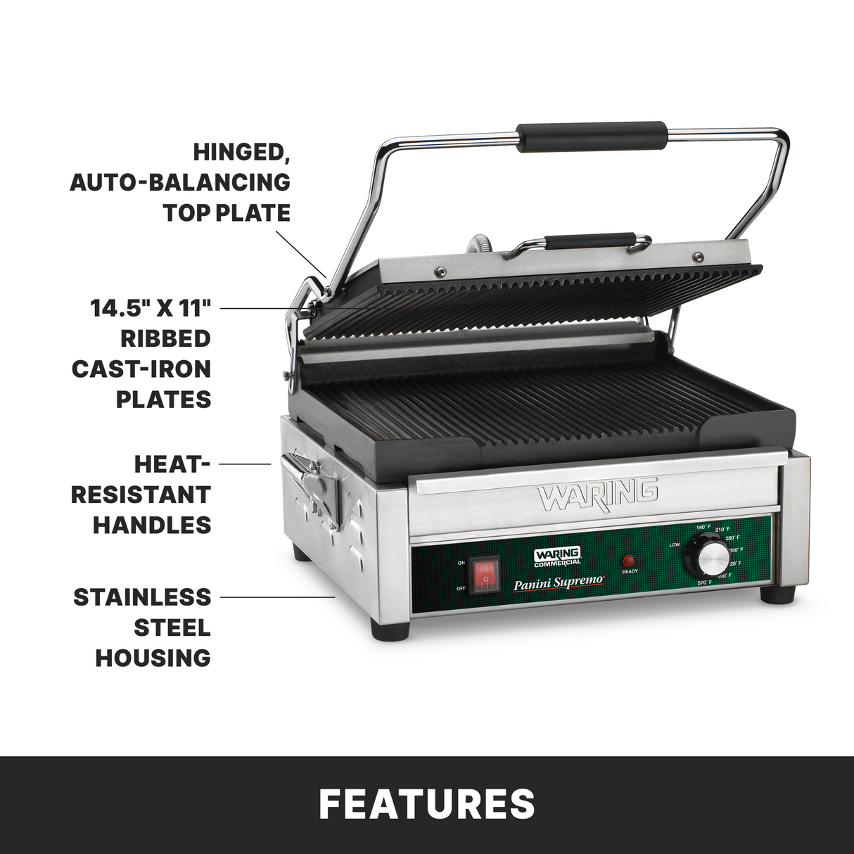 A stainless steel electric panini grill with a hinged, auto-balancing ribbed top plate, ribbed cast-iron plates (14.5x11), heat-resistant handles, and a control panel. Labels highlight each feature. White background; FEATURES in bold at the bottom.