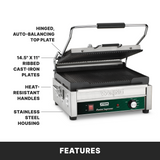 A Panini grill with ribbed cast iron plates is shown open. Labels highlight the hinged, auto-balancing top plate, 14.5 x 11 ribbed plates, heat-resistant handles, adjustable thermostat, and stainless steel housing. FEATURES is written at the bottom.