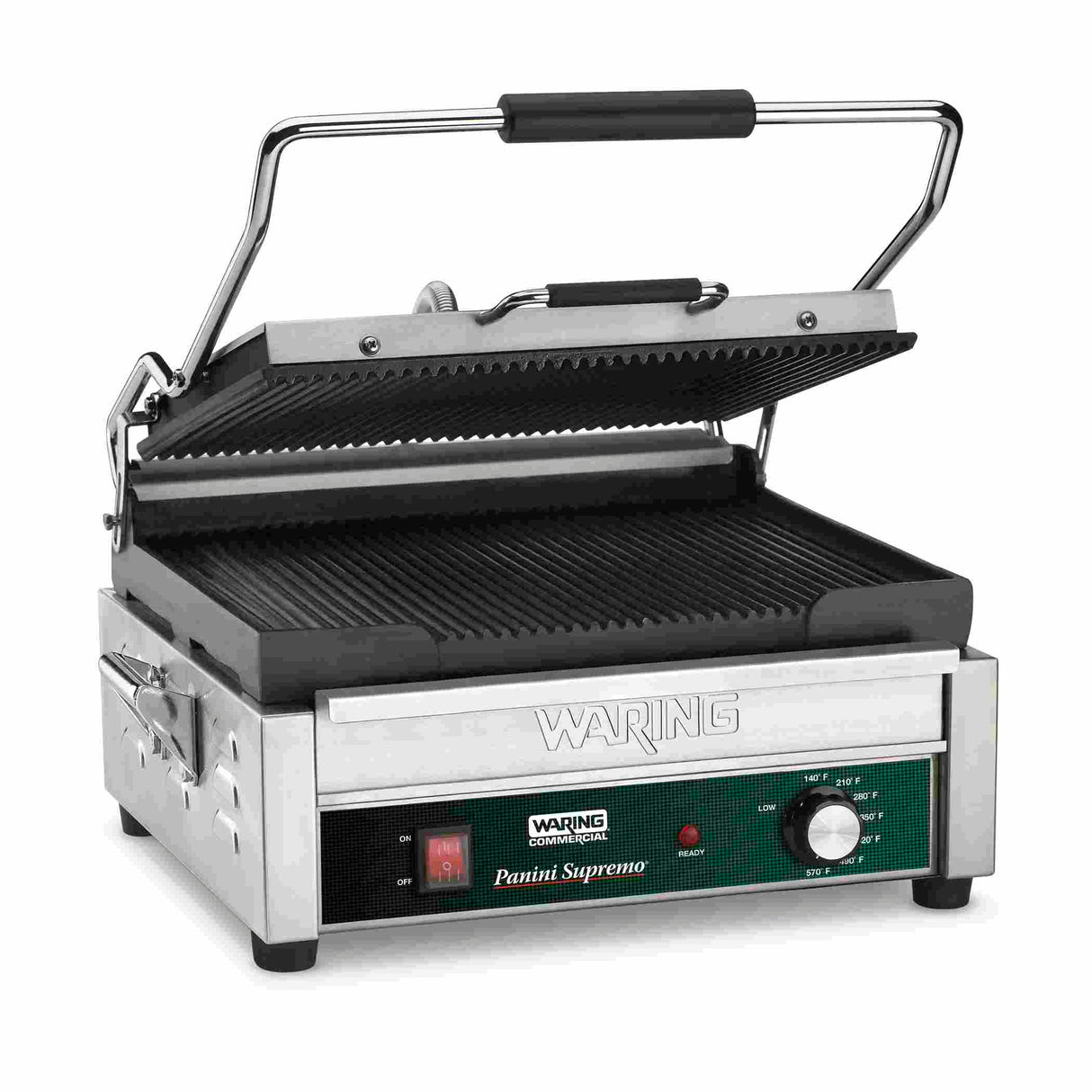 A stainless steel Waring Panini Supremo commercial grill with ribbed cast iron plates, black handle, adjustable thermostat, control knob, green power light, and labeled front panel. The top lid is open, displaying the grill plates inside.