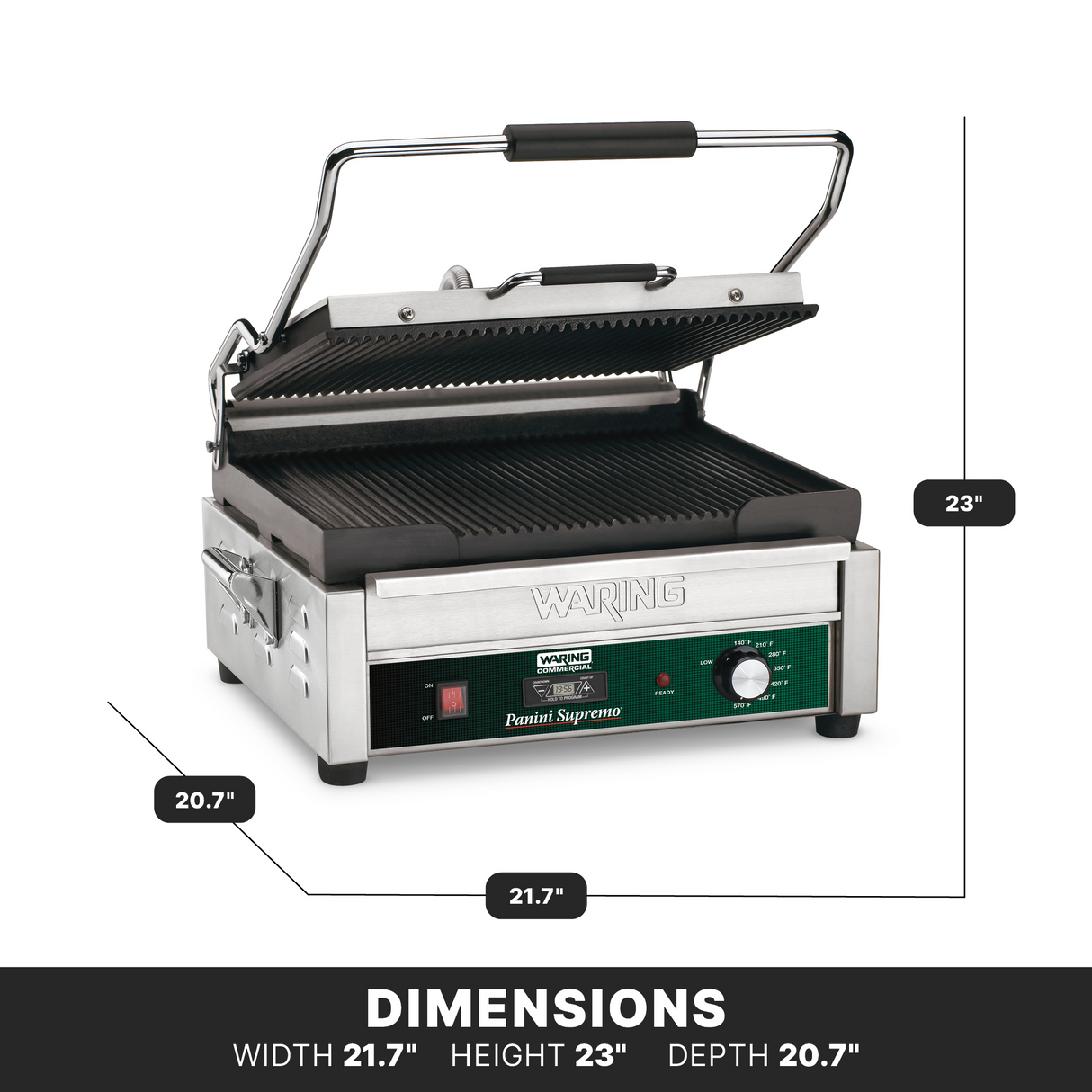 A stainless steel Waring Panini grill with ribbed cast iron plates, a ridged open top plate, and black handle. Its large cooking surface measures width 21.7, height 23, depth 20.7. The control panel features switches, a knob, and indicator lights.