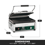 A stainless steel Waring Panini grill with ribbed cast iron plates, a ridged open top plate, and black handle. Its large cooking surface measures width 21.7, height 23, depth 20.7. The control panel features switches, a knob, and indicator lights.