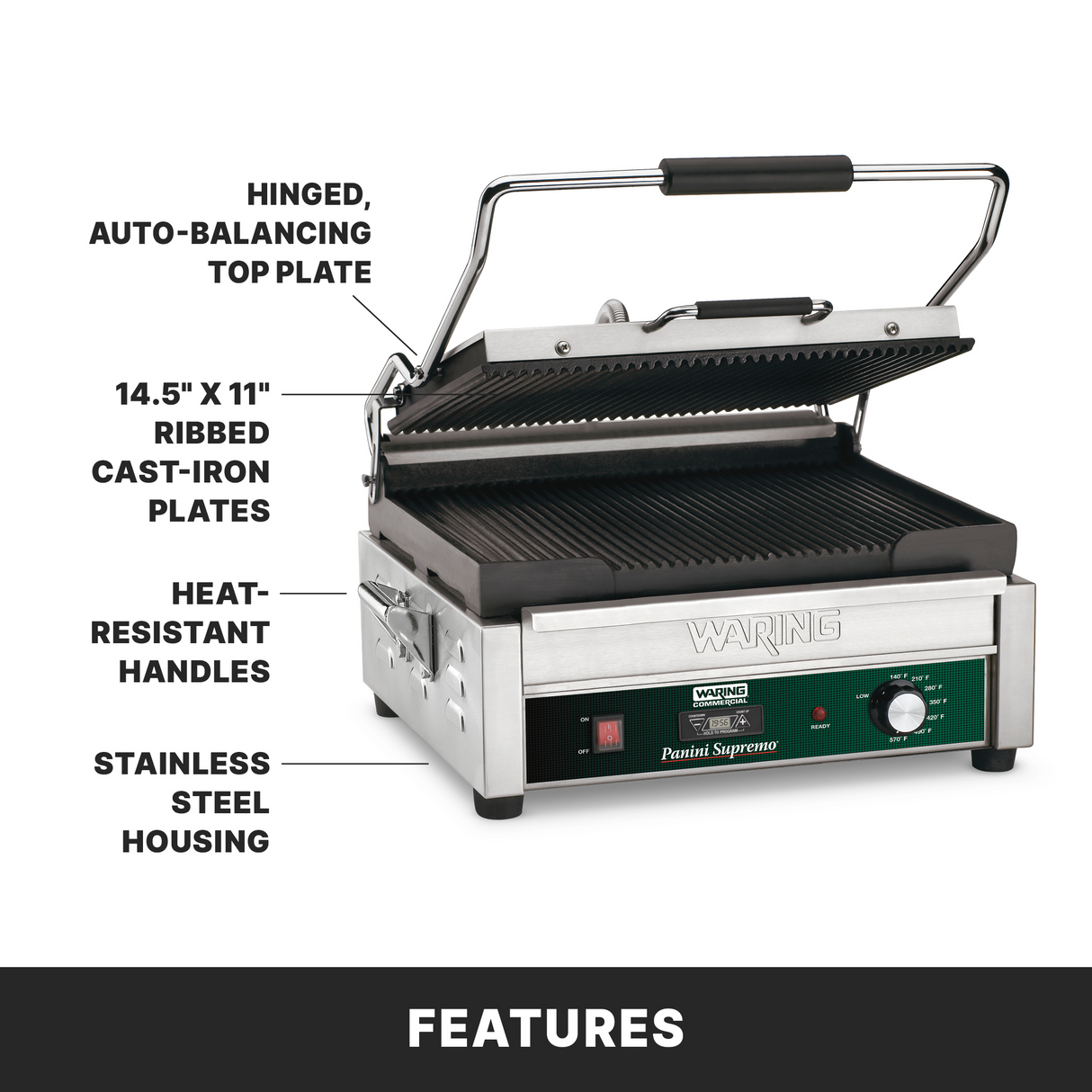 A stainless steel Panini grill with a hinged, auto-balancing top plate, large cooking surface with 14.5x11 ribbed cast iron plates, heat-resistant handles, and a green control panel. Labeled features highlight its key parts. The word FEATURES appears below.
