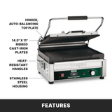 A stainless steel Panini grill with a hinged, auto-balancing top plate, large cooking surface with 14.5x11 ribbed cast iron plates, heat-resistant handles, and a green control panel. Labeled features highlight its key parts. The word FEATURES appears below.
