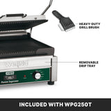 A stainless steel Waring Panini grill is shown open, with labels pointing to a heavy-duty grill brush and a removable drip tray. Ribbed cast iron plates and an adjustable thermostat are featured. Text at the bottom reads, “INCLUDED WITH WPG250T.”.