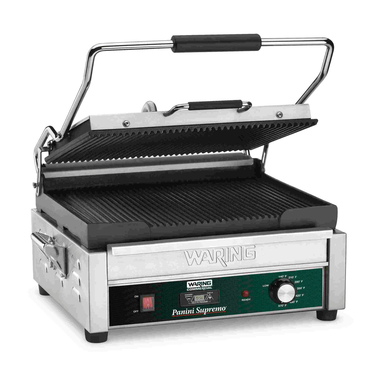 A stainless steel Waring Panini Supremo press with ribbed cast iron plates, a black handle, and control knobs on the front panel. The top grill plate is lifted open, showing the large cooking surface of this powerful Panini grill.