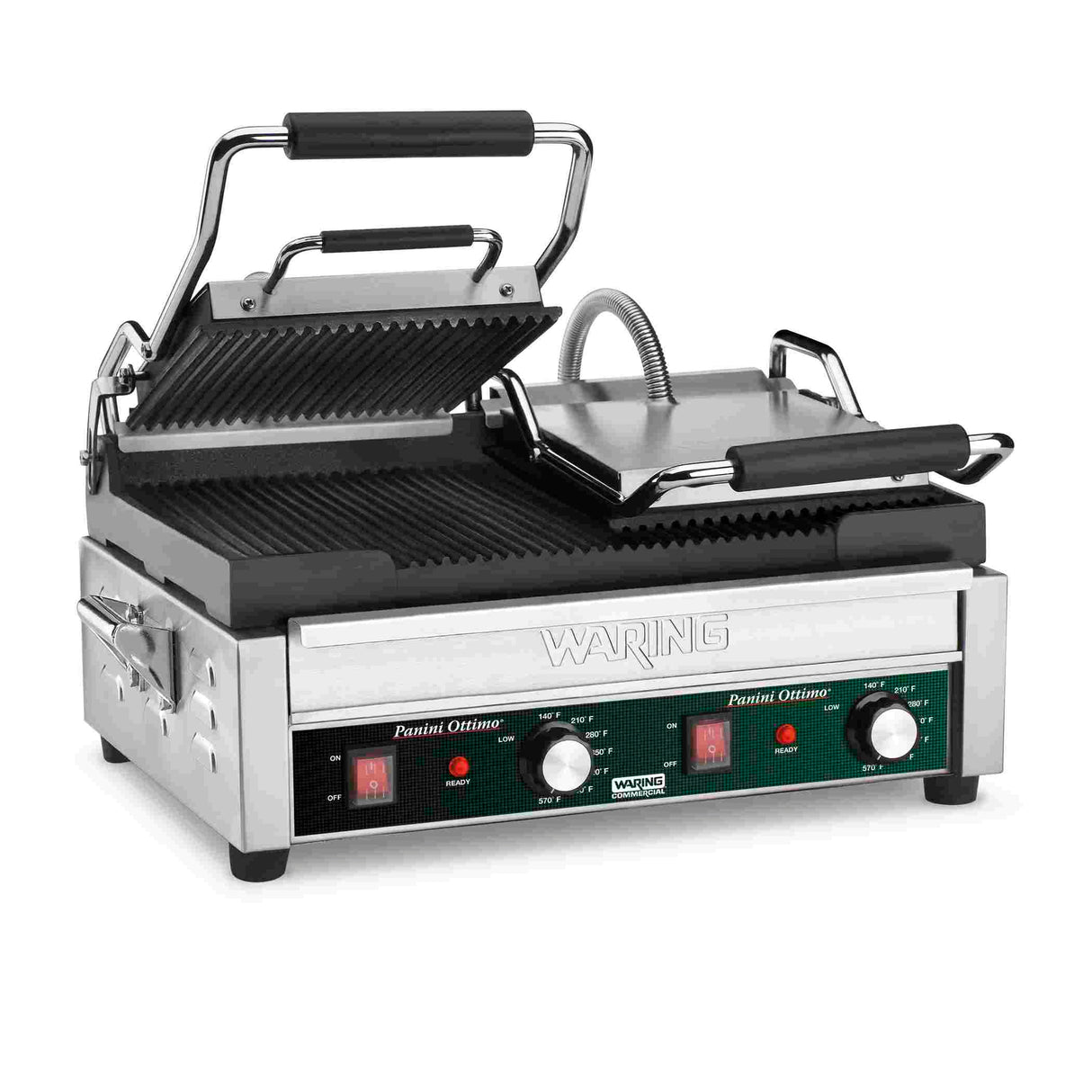 A commercial Dual Panini Grill with ribbed cast iron plates, two ridged black grilling surfaces, a hinged top, control knobs, switches, and indicator lights on a green Waring panel. The adjustable thermostats offer precise cooking control.