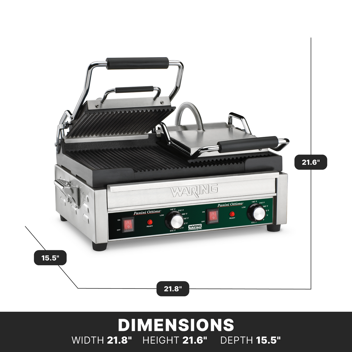A Waring Dual Panini Grill with ribbed cast iron plates and adjustable thermostats. Stainless steel body, hinged open, with knobs and indicator lights on the front. Dimensions: width 21.8, height 21.6, depth 15.5. Brand label visible.