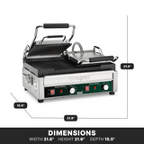 A Waring Dual Panini Grill with ribbed cast iron plates and adjustable thermostats. Stainless steel body, hinged open, with knobs and indicator lights on the front. Dimensions: width 21.8, height 21.6, depth 15.5. Brand label visible.