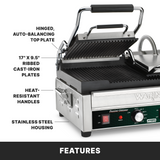 A commercial dual panini grill with a stainless steel body, ribbed cast-iron plates, hinged auto-balancing top plate, and heat-resistant handles. Black labels with arrows highlight each feature. The word FEATURES is bold at the bottom.