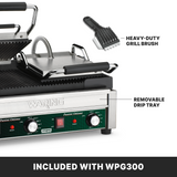 A stainless steel Waring panini press (model WPG300) with black handles is shown. Ribbed cast iron plates and adjustable thermostats are highlighted, along with a heavy-duty grill brush and removable drip tray. Text: INCLUDED WITH WPG300.