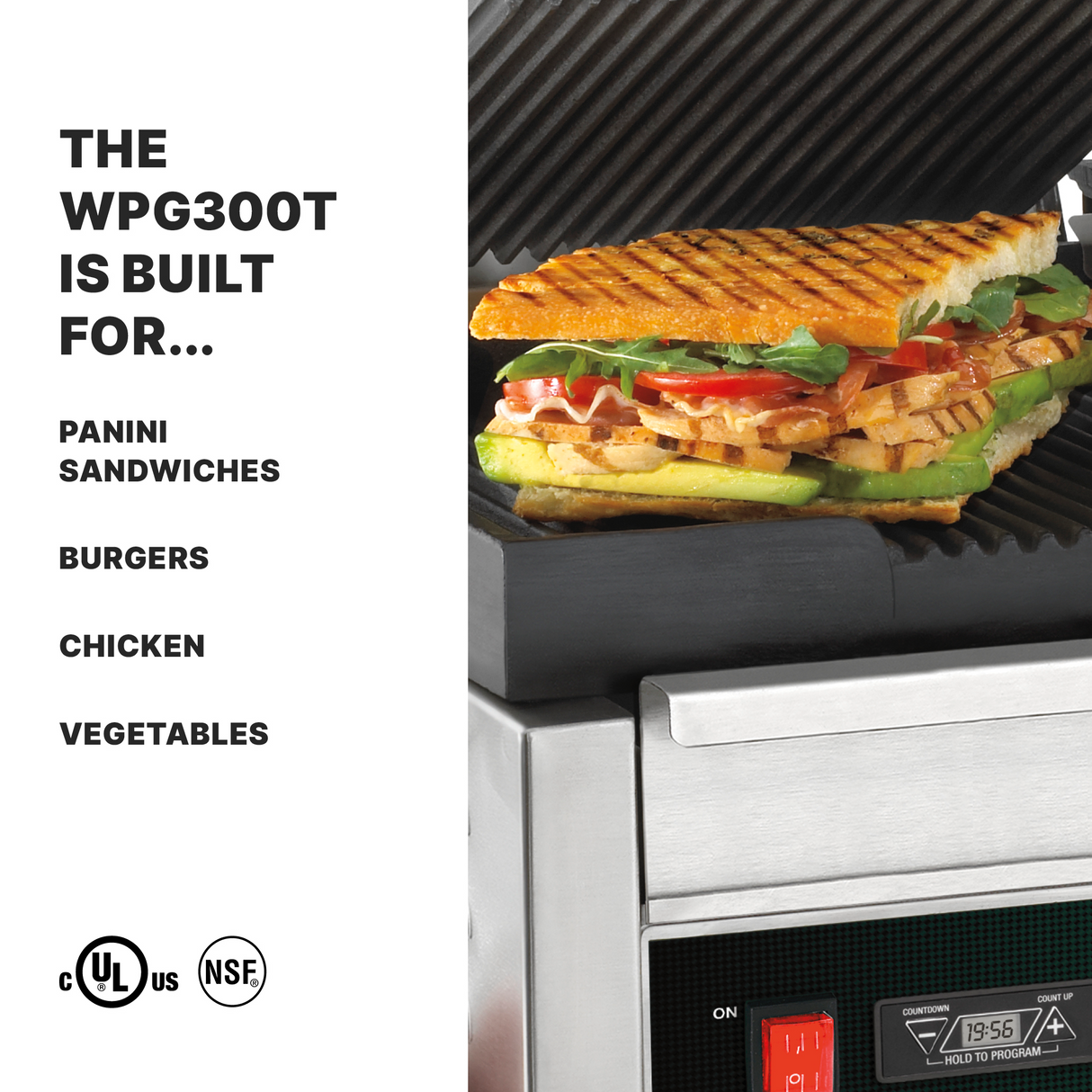 A grilled panini sandwich filled with sliced meat, cheese, tomato, and greens sits in an open Waring WPG300T dual panini grill. Text beside the image lists uses: panini sandwiches, burgers, chicken, vegetables. Certification logos are shown at the bottom.