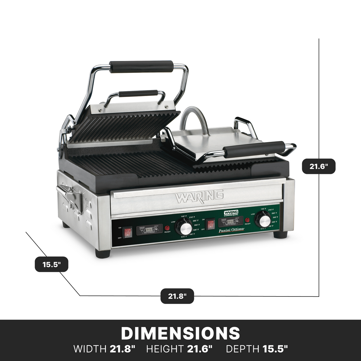 The Waring WPG300T panini grill features a stainless steel build, ridged open top plate, and sandwich-ready lower plate. With black handles and a control panel with knobs and switches, its dimensions are 21.8"W x 21.6"H x 15.5"D.