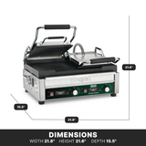 The Waring WPG300T panini grill features a stainless steel build, ridged open top plate, and sandwich-ready lower plate. With black handles and a control panel with knobs and switches, its dimensions are 21.8"W x 21.6"H x 15.5"D.