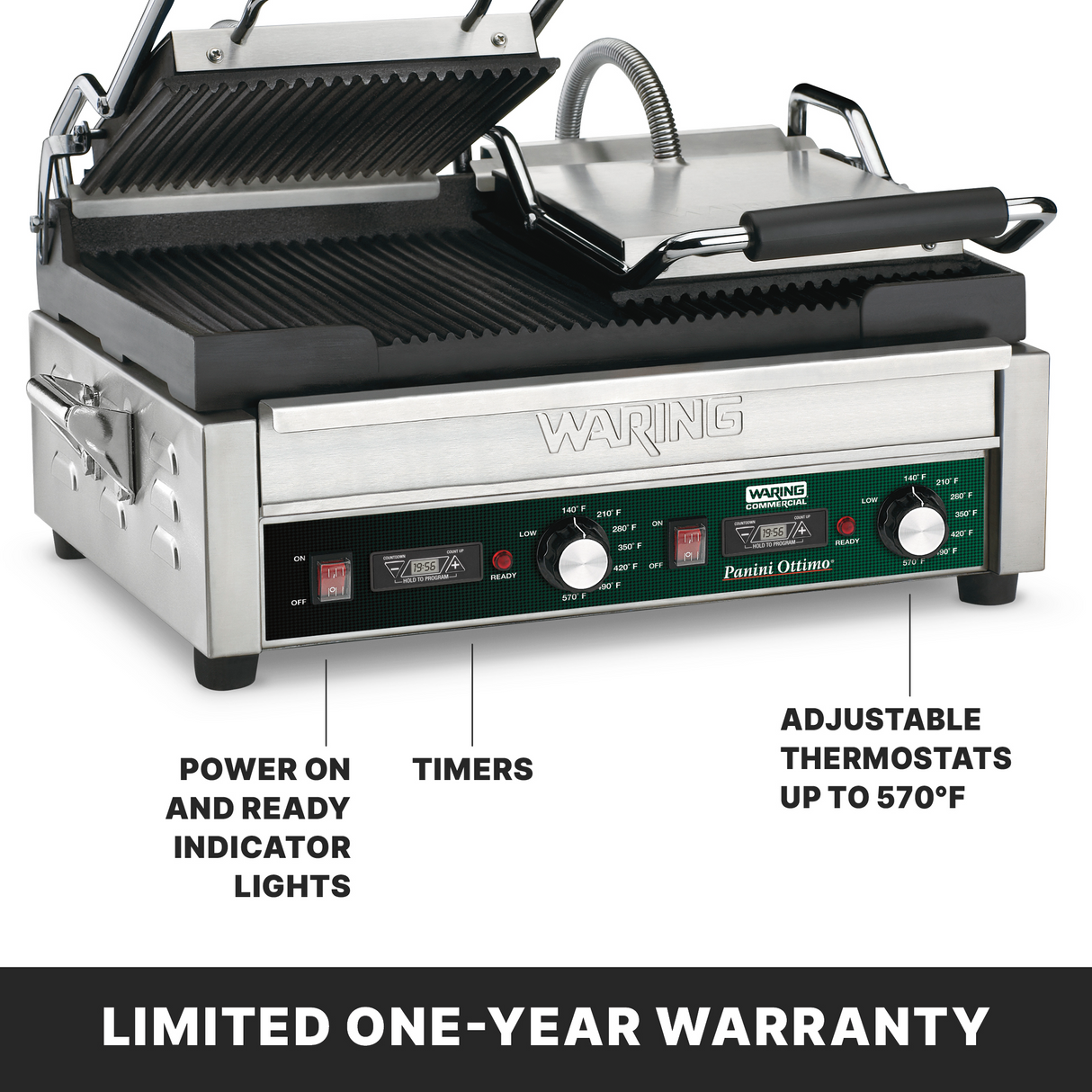 A stainless steel Waring WPG300T dual panini grill sits open, showing grooved grill plates. The control panel features indicator lights, timers, and adjustable thermostats up to 570°F. Text highlights these features and notes a limited one-year warranty below.