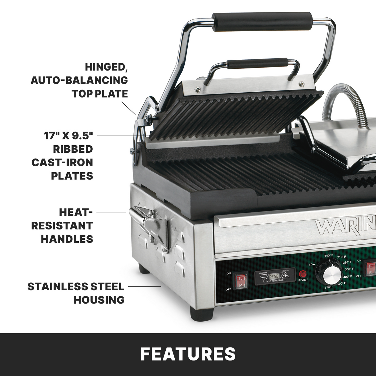 A commercial Waring WPG300T panini grill with a hinged, ribbed cast-iron top plate, heat-resistant handles, and stainless steel housing. The lid is open, revealing the grill surface. Text labels highlight features. FEATURES appears in bold at the bottom.