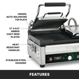 A commercial Waring WPG300T panini grill with a hinged, ribbed cast-iron top plate, heat-resistant handles, and stainless steel housing. The lid is open, revealing the grill surface. Text labels highlight features. FEATURES appears in bold at the bottom.