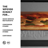 A close-up view of a pizza baking in a single deck pizza oven is shown on the right. On the left, text reads, The WPO100 is built for... Quick-service restaurants, concession stands, convenience stores, cafeterias. UL and NSF logos are at the bottom.