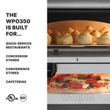 A split-image shows mini bread rolls baking inside the Double-Deck Pizza Oven above a pizza with toppings below. Text on the left reads: “THE WPO350 IS BUILT FOR… Quick-Service Restaurants, Concession Stands, Convenience Stores, Cafeterias.” Certification logos are shown at the bottom.