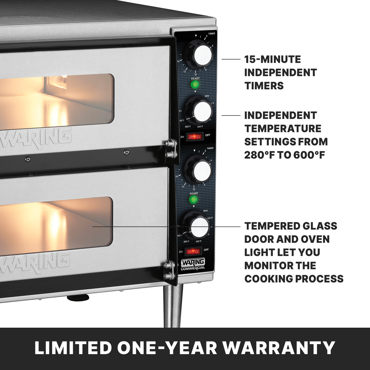 Close-up of a Double-Deck Pizza Oven with lit interiors and ceramic pizza deck. Control panel features dials for independent timers, temperature (280°F–600°F), buttons, and indicator lights. Highlights tempered glass doors, oven lights, and a limited one-year warranty.
